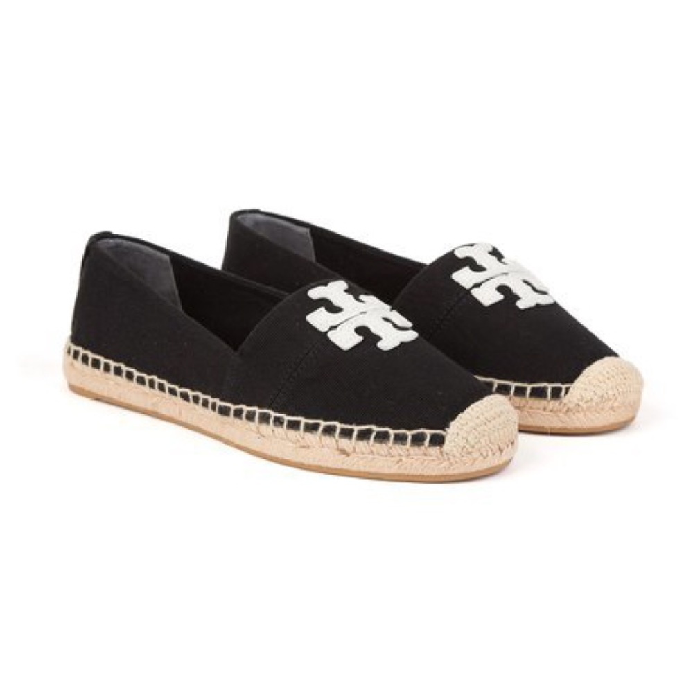 Tory Burch Weston Flat Espadrille Black Linen/Calf Leather SZ 8